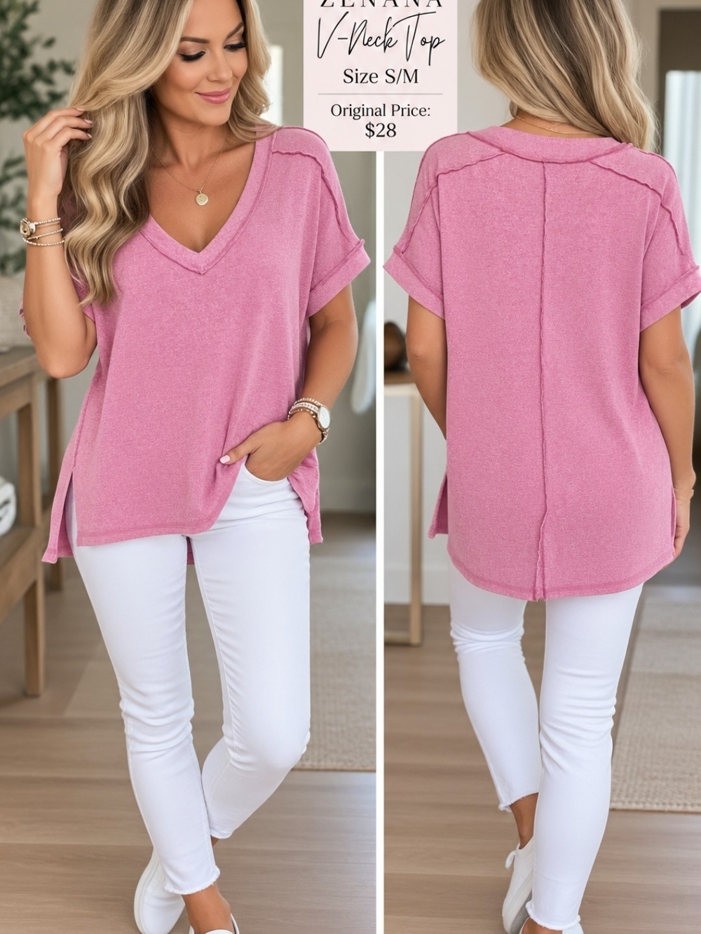 Zenana Outfitters Pink V-Neck Short Sleeve Top